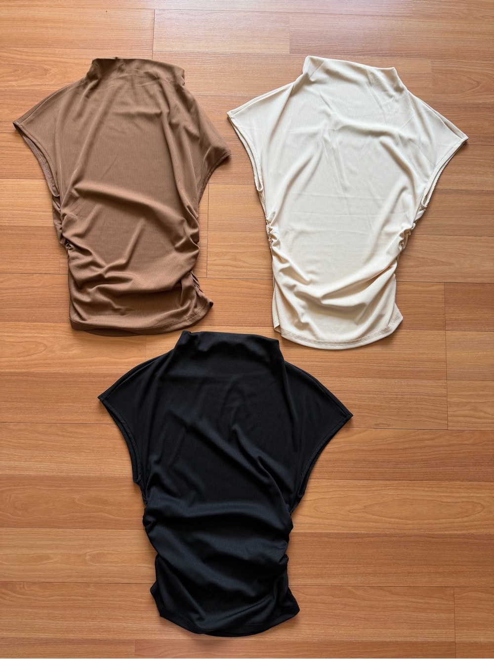 OYOANGLE 3-Piece Ribbed Mock Neck Tops Set – Black Cream Brown – NWOT